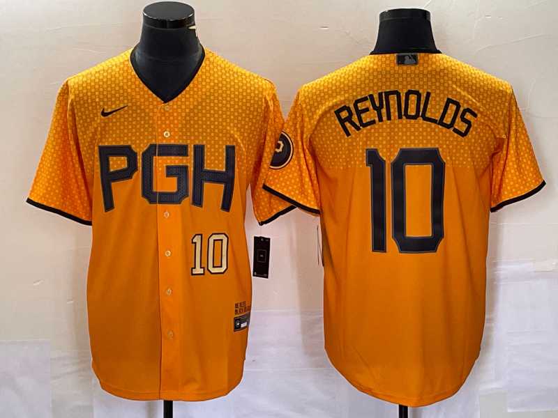 Mens Pittsburgh Pirates #10 Bryan Reynolds Number Gold 2023 City Connect Stitched Jersey2